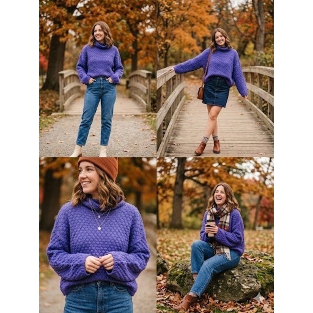 Cami Purple Honeycomb‎ Popcorn Knit Mock Neck Sweater Slouchy Pullover XL F3198